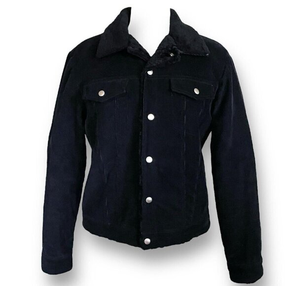 A.P.C. Womens Trucker Jacker Sz Large Black Corduroy Shearling Collar Lining - Picture 1 of 11